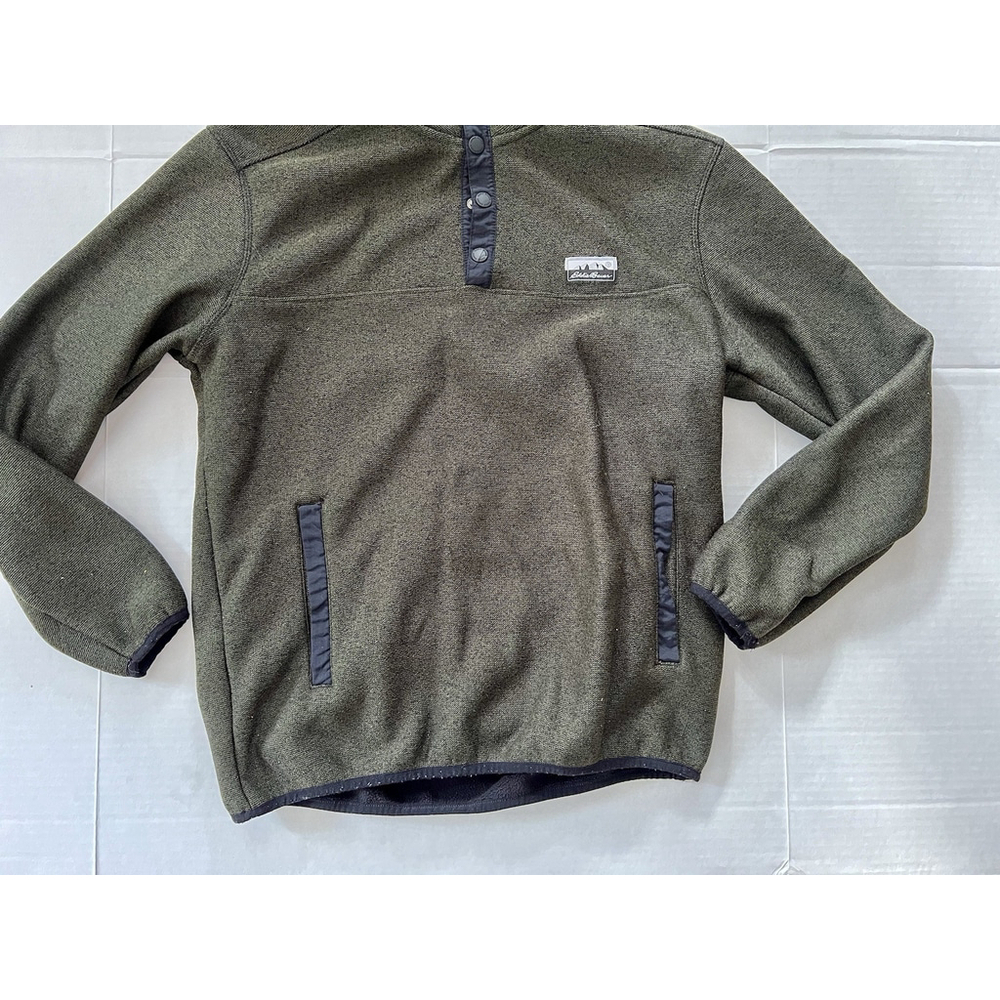 Mens EDDIE BAUER Knit Fleece Sweater 1/4 Button Pullover Hthr Green Small - Picture 2 of 8